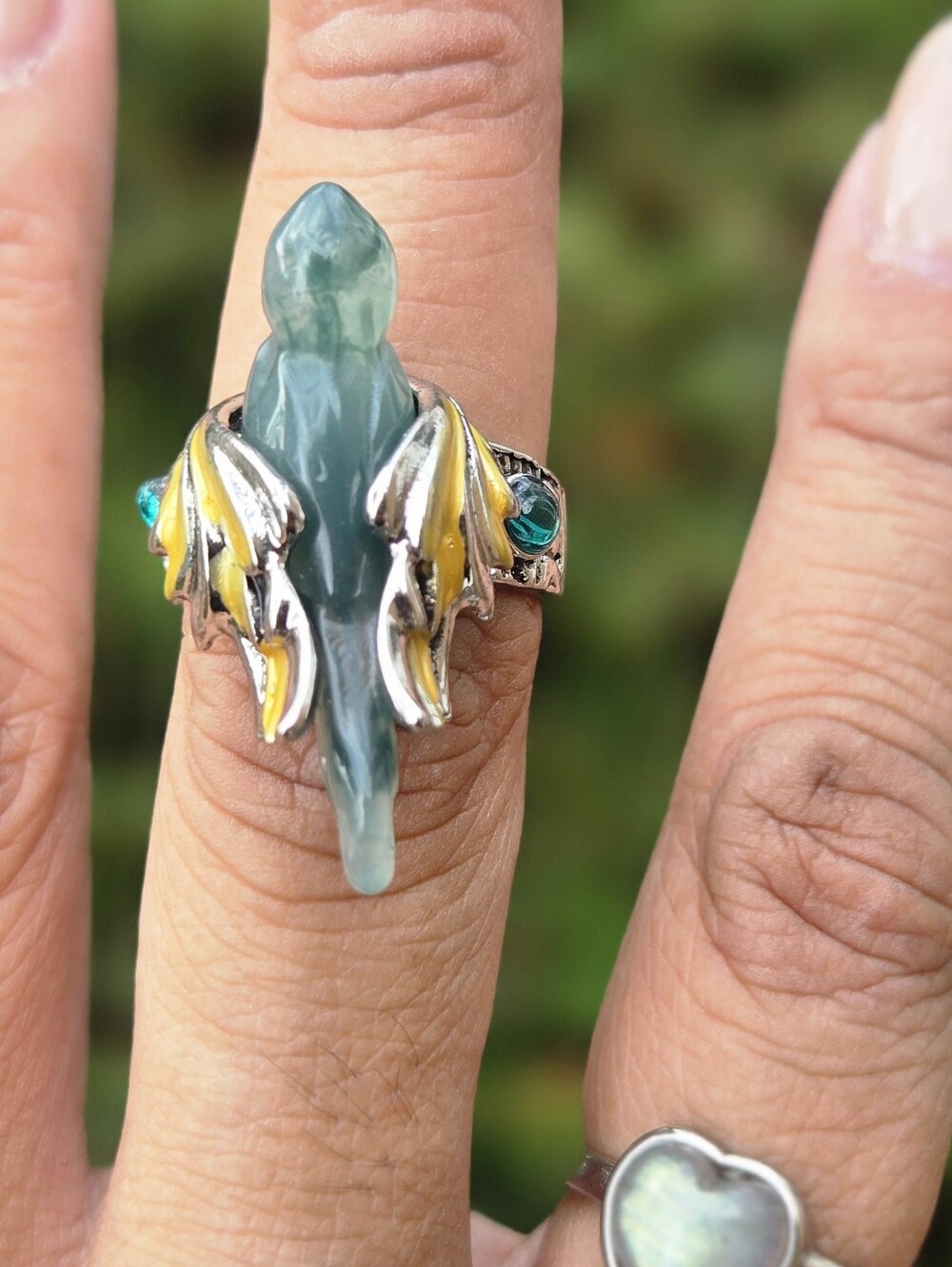 Whimsigoth Silver Carved Mossy Bird Ring Adjustable